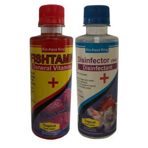 محلول مولتی ویتامین آبزیان مدل mm 2 حجم 250 میلی لیتر به همراه محلول ضدعفونی کننده آکواریوم
